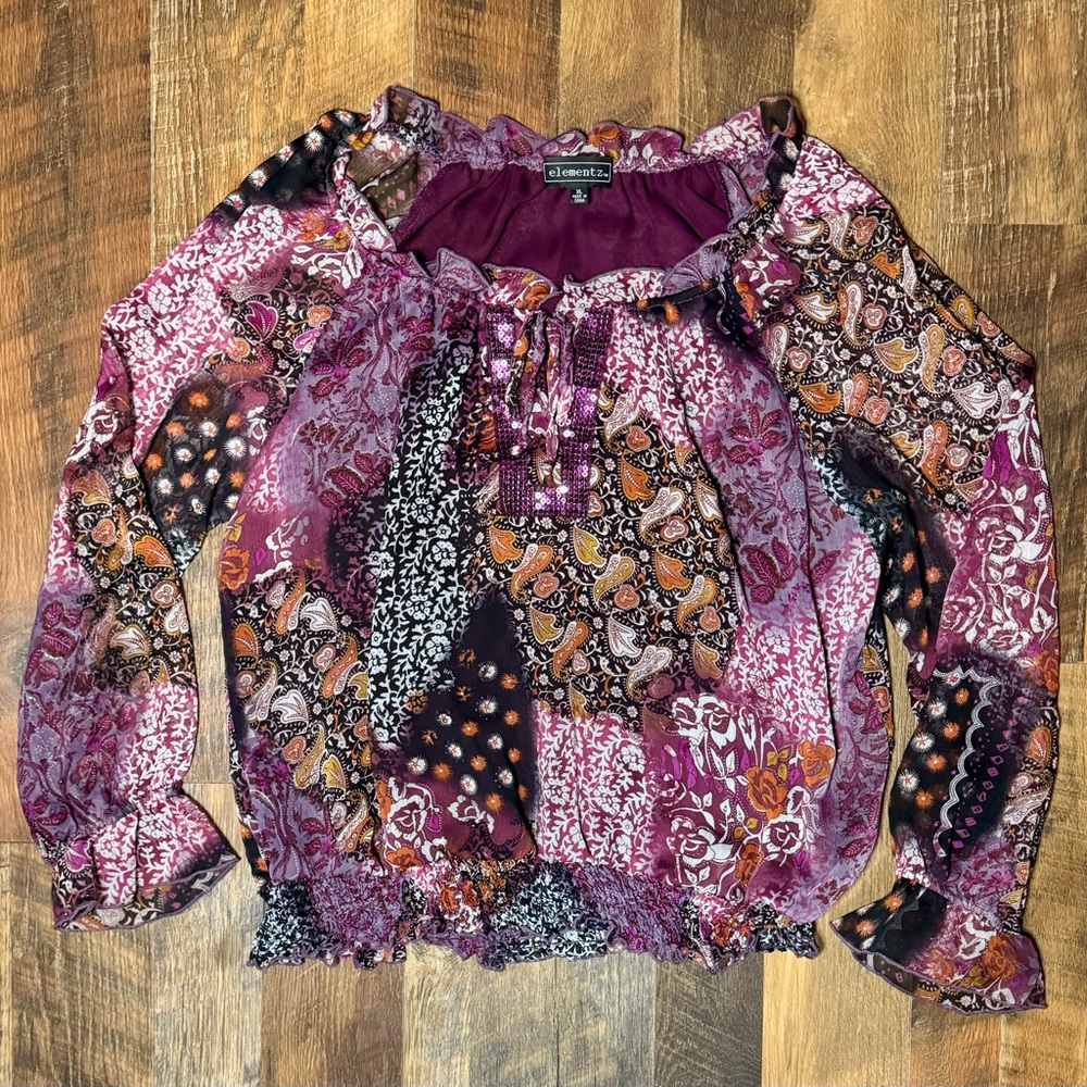 Elementz Patch Work Purple Peasant Top NWOT Size XL